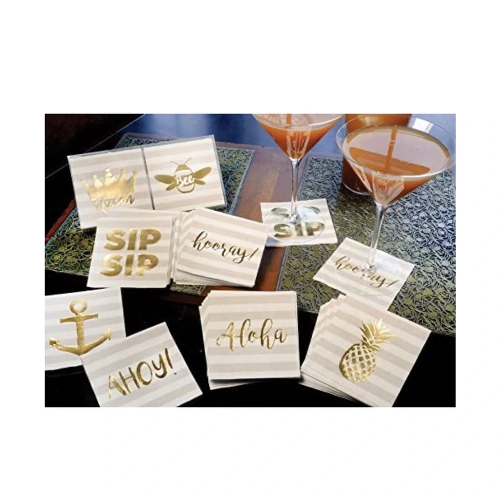 Boston International Gold Foil Stamped Paper Cocktail Napkins ~ Welcome Home